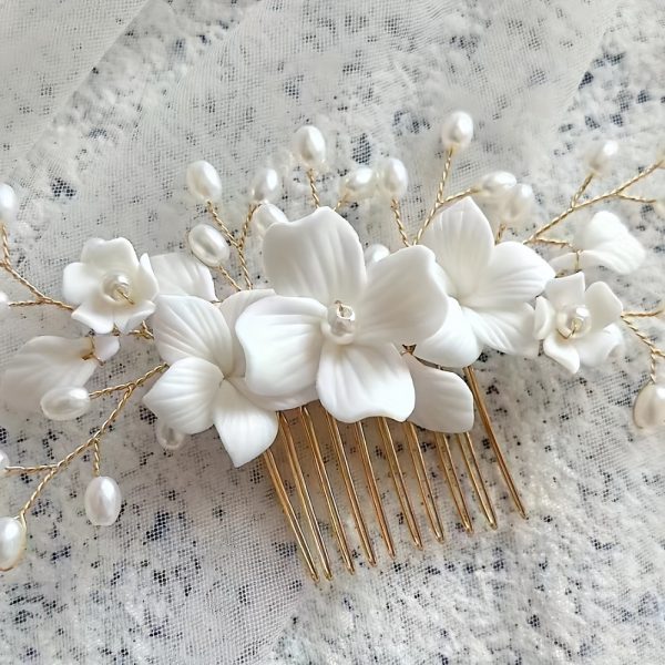 Peigne Cheveux Fleurs Mariage, Fleur Blanches, Branches perlées