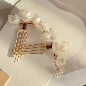 Peigne Fleurs Mariage blanc et doré